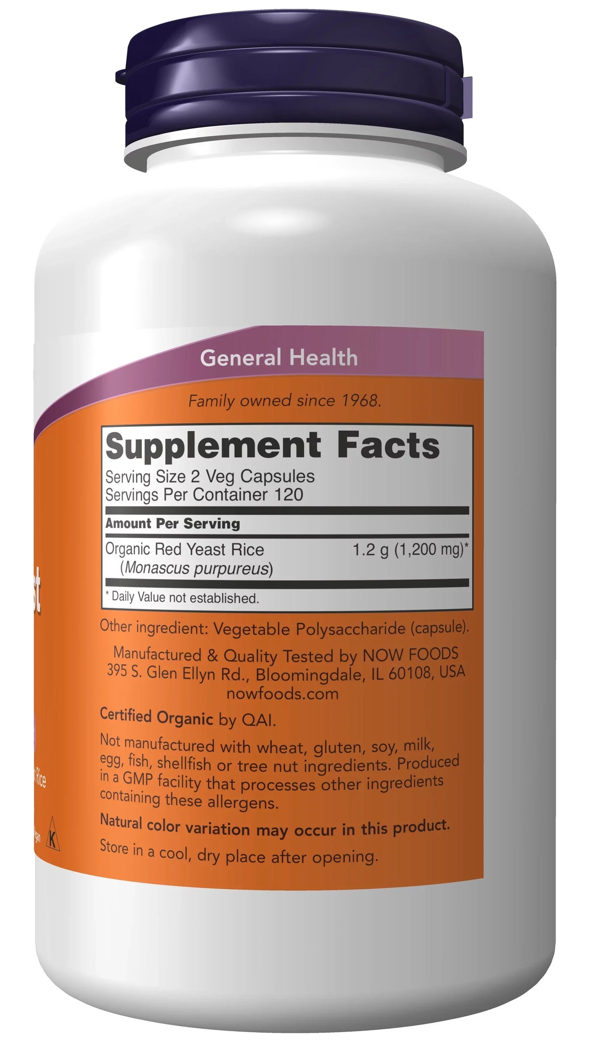 Yeast 240 Red Capsules Veg Rice, Red Rice Made Organic mg, Supplements, NOW Yeast with 600