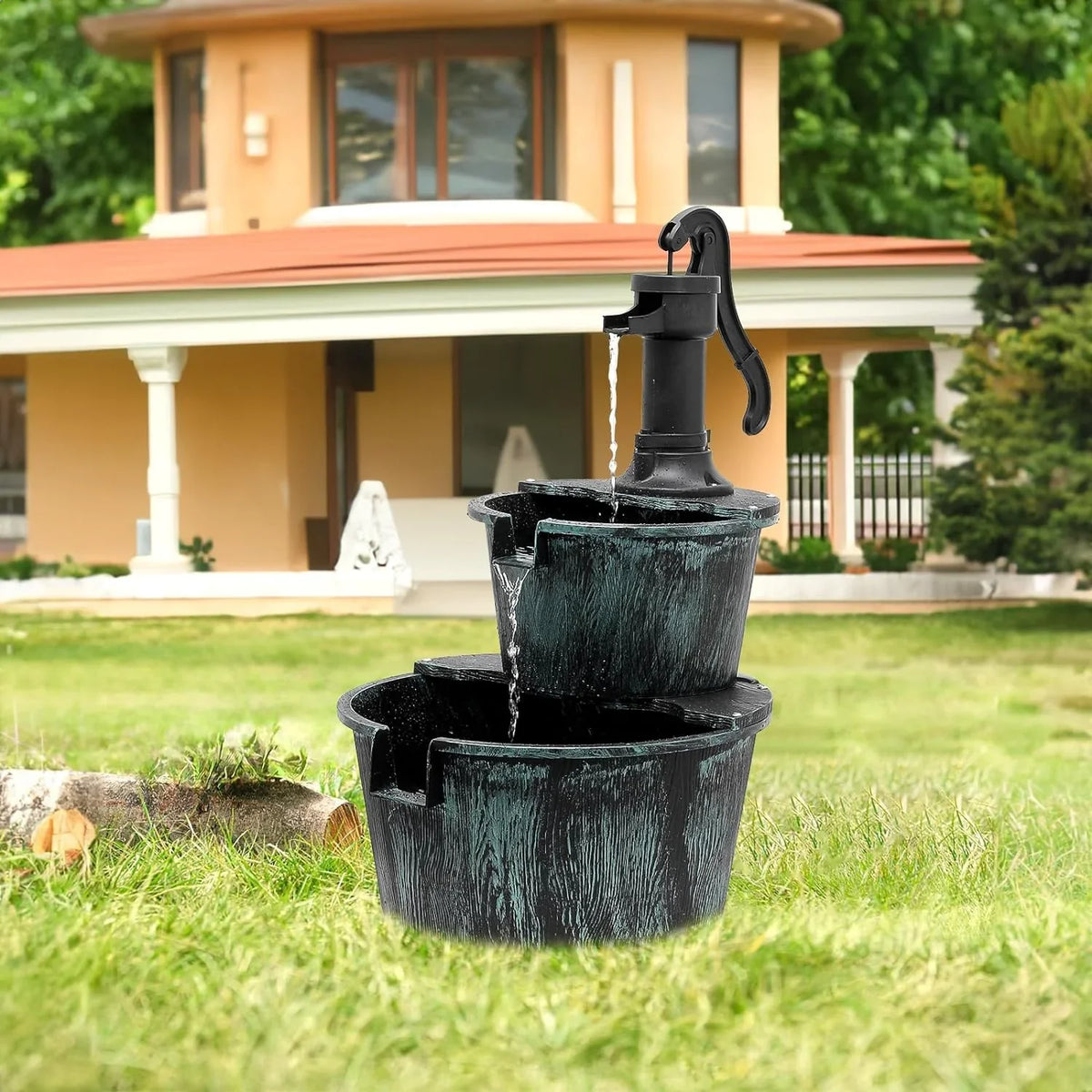 Rustic Waterfall Decor, Pump Backyard With liquid Fountain 2-Tier For Cascading Teal Patio Freestanding Blue Electric exterior Garden Fountain Porch