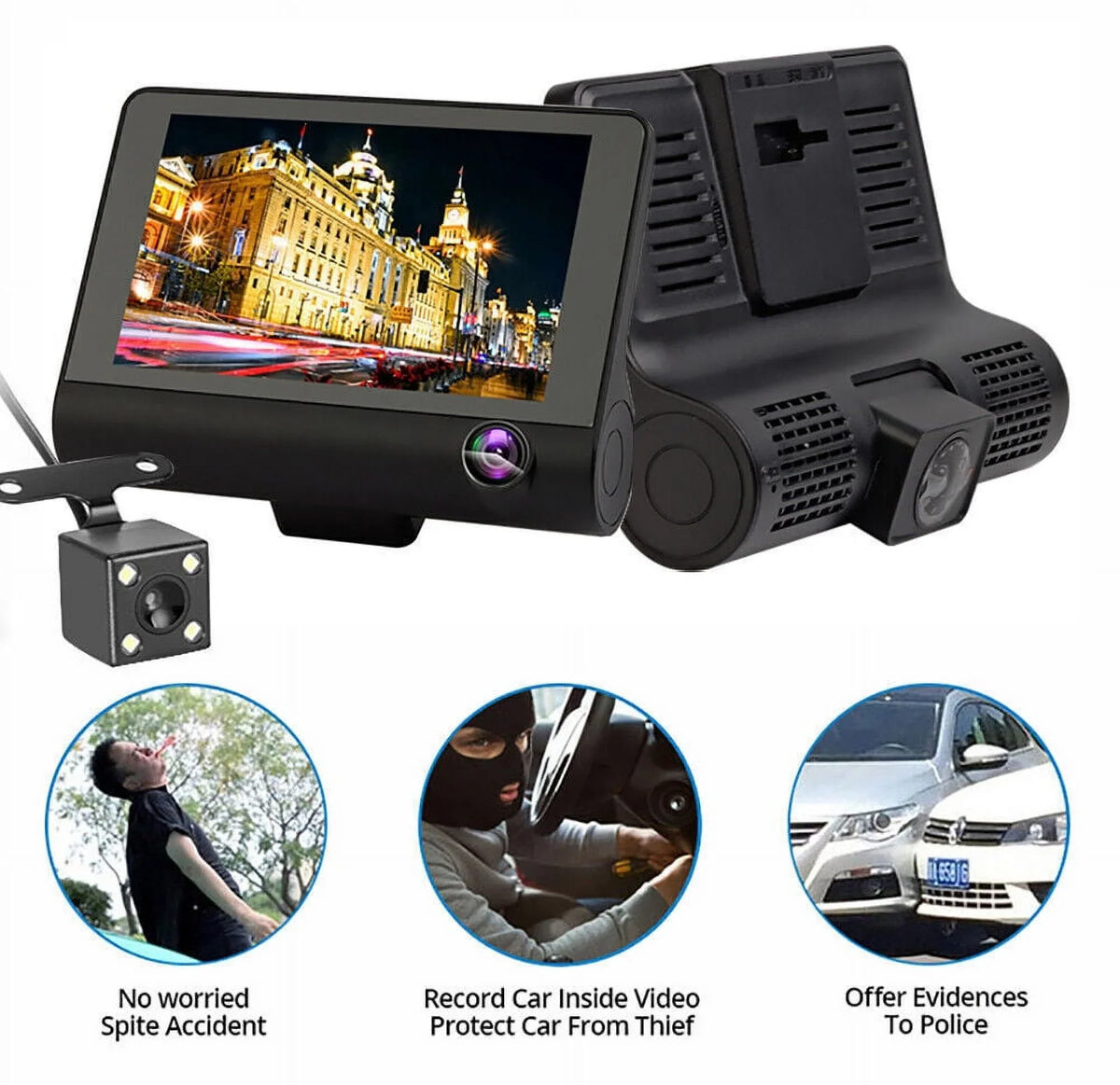 Front/Rear/Built-In Driving Video Xhy 1080P DVR and 4" Cam G-Sensor, Camera Motion Parking Car Monitoring Dash HD Recorder Dual Lens Detection