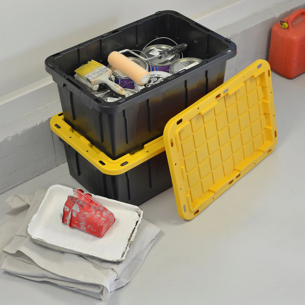 Storage Black Gallon Yellow Lid Plastic 17 Container, with Set Box Snap 4 of Lid, Stackable Tough