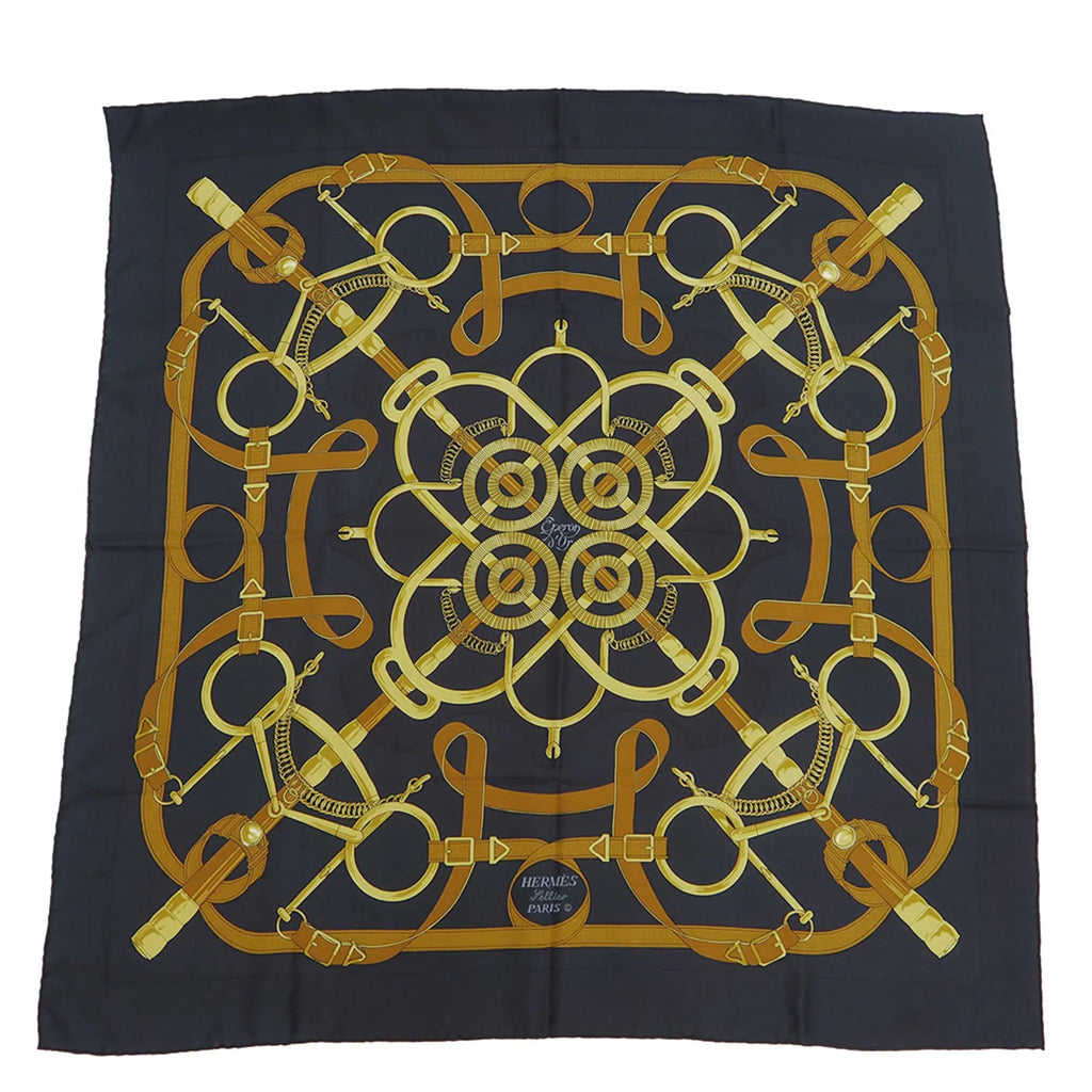 Eperon 90 Muffler x Carre Yellow H.d'ORiGNY Hermes Black Pellier (Good) Scarf Pre-Owned Spur Golden HERMES d'or