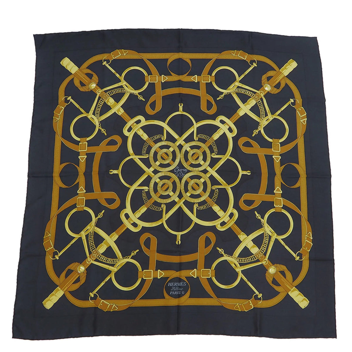 Eperon 90 Muffler x Carre Yellow H.d'ORiGNY Hermes Black Pellier (Good) Scarf Pre-Owned Spur Golden HERMES d'or