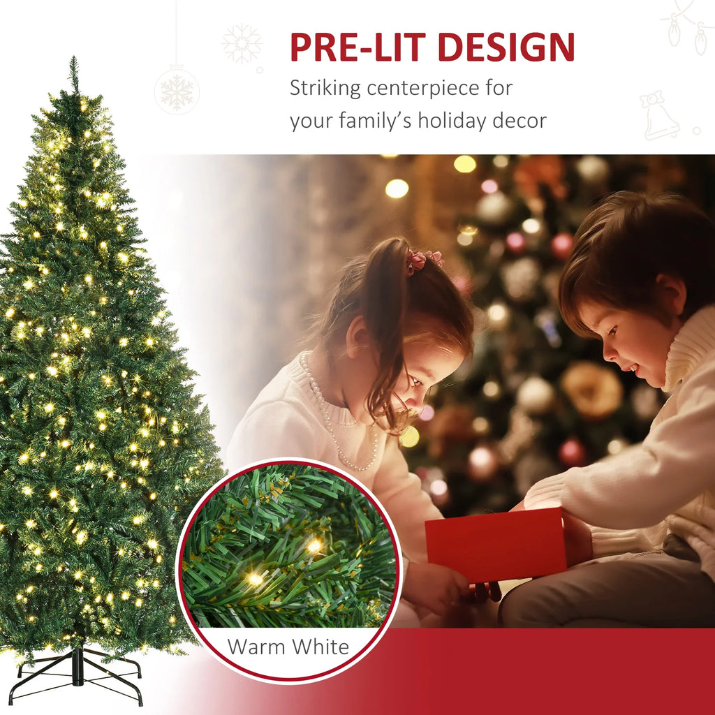 Tips Pre-Lit Christmas Tree Full with 2154 and Warm Realistic Fir LED Lights White Douglas Branches, 700 Artificial HOMCOM 7ft