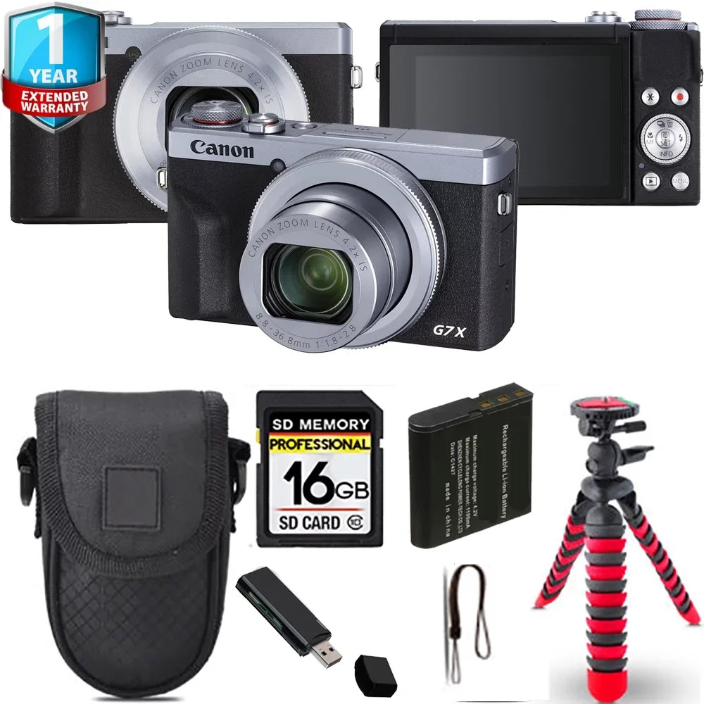 Digital III + Yr 1 G7 Camera Warranty X (Silver) Mark Tripod Canon Spider PowerShot + Case+