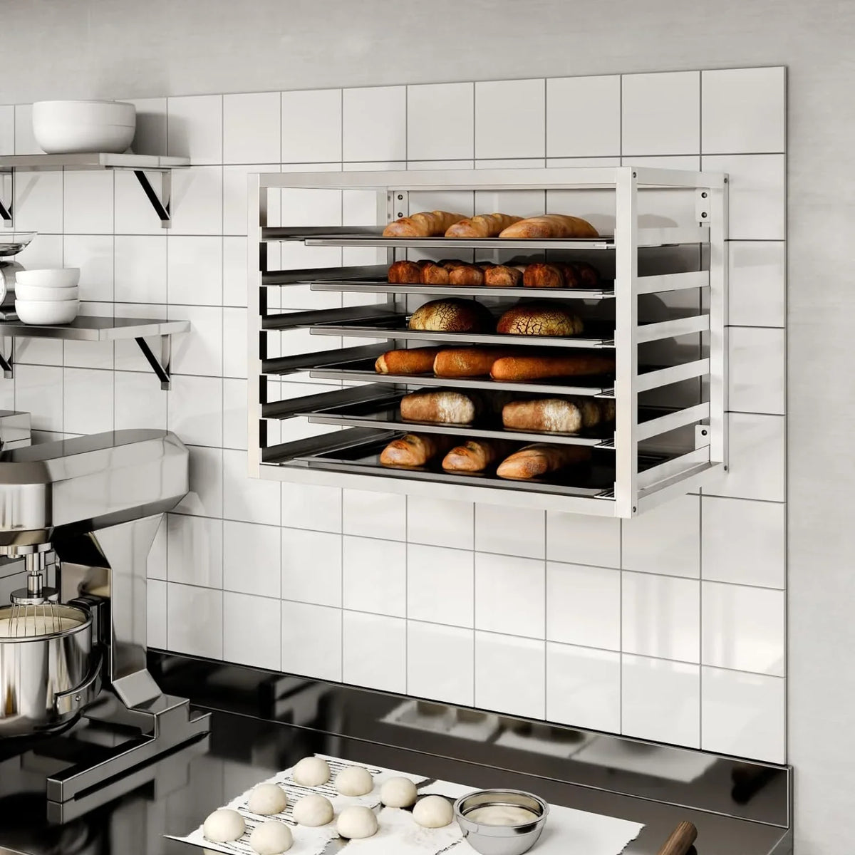 Rack 6 28" x Pan x Wall - Mounted 21". Fits Pans. Full-dimension Sheet Sheet/Bun 18"