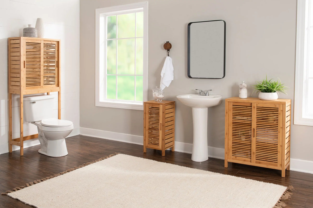 3 Floor Shelf Door 2 Bathroom Storage Bamboo Bracken Cabinet, Linon