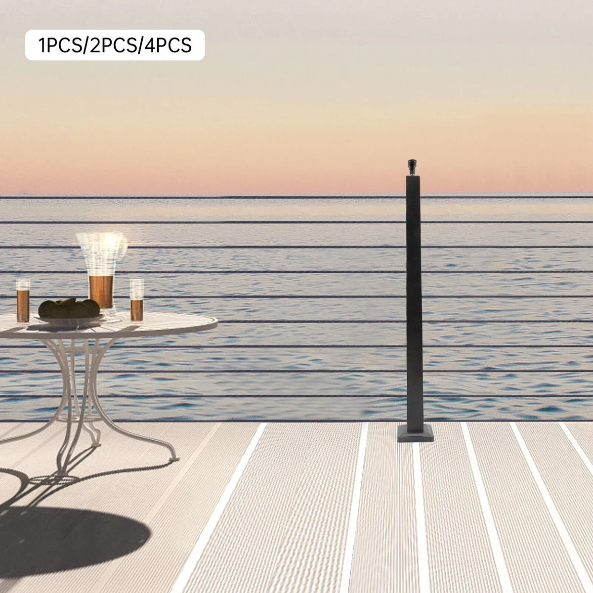 Black Post Deck Level Railing Level Post Level Mount Adjustable Wood Post 36"x2"x2" Line Steel Top Concrete Cable Stainless drilled Finish Top