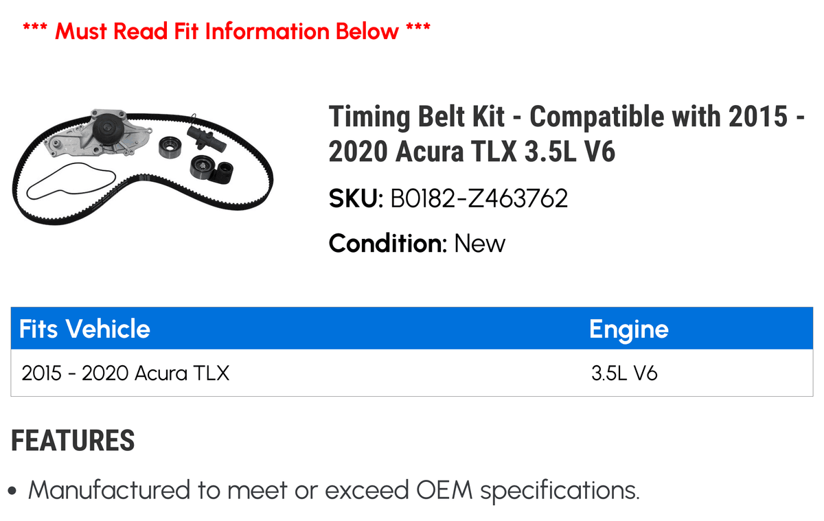 3.5L 2016 Belt V6 Kit Acura 2019 with - 2018 Timing Compatible 2015 TLX - 2017 2020