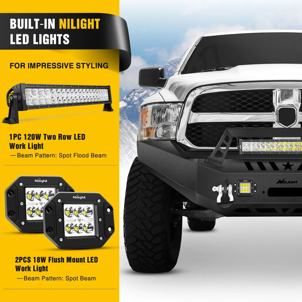 Pickup 2014 Front Plate 2017 Light Full 2013 2 Pods Steel Warranty Width 2015 Compatible Years Dodge Offroad Bar Solid Light 2x18w 120W Bumper Truck Winch LED for Nilight 1500 Ram 2018 with 2016