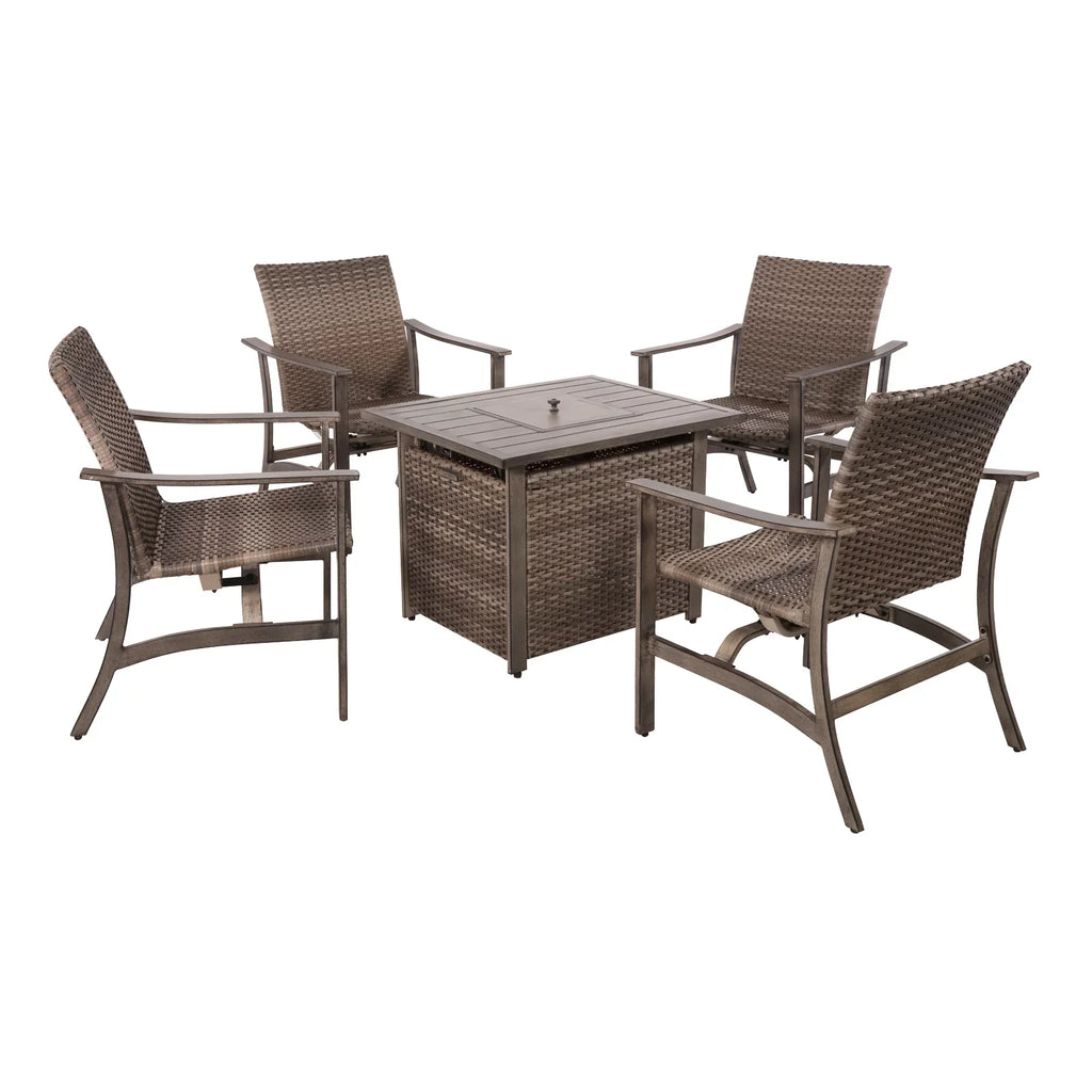 Table, Rocking BTU 33.8"x27.2" with Chairs & Propane Firepit exterior Set Gas Patio Piece All-climate Motion Conversation Furniture for 15000 5 Set Deck Table, Wicker Yard Garden Fire 4 Pit