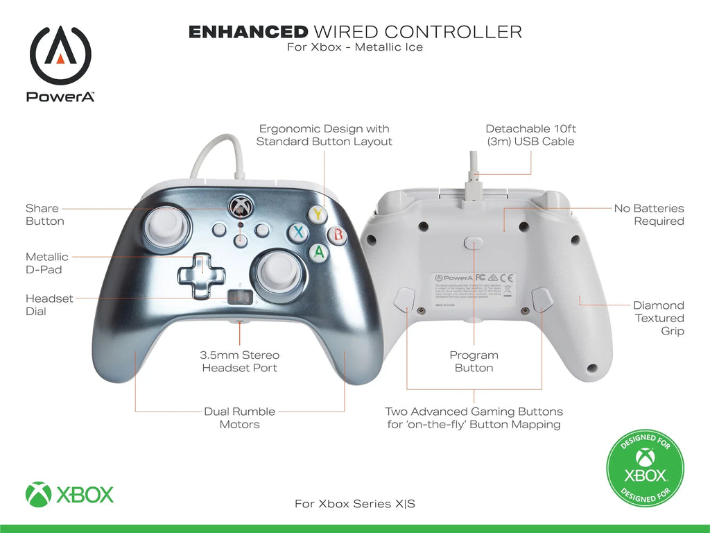 Controller PowerA - for Wired Ice Metallic Enhanced X|S Series Xbox