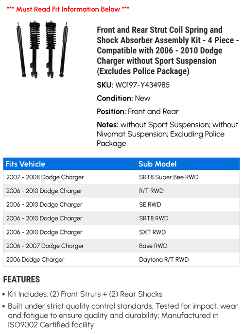 '- Package) and Charger Shock Absorber without Coil Police - 2010 Dodge and Kit Suspension Piece 2006 (Excludes Front Strut 2009 Assembly 2008 - Sport 2007 with Rear 4 Compatible Spring