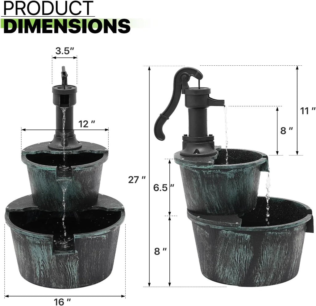 Rustic Waterfall Decor, Pump Backyard With liquid Fountain 2-Tier For Cascading Teal Patio Freestanding Blue Electric exterior Garden Fountain Porch