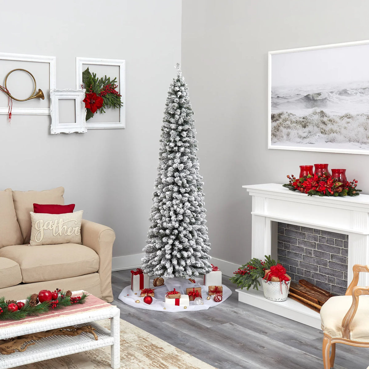 White 400 Nearly Clear 7' Natural Lights Pencil Christmas Prelit Artificial Flocked Tree