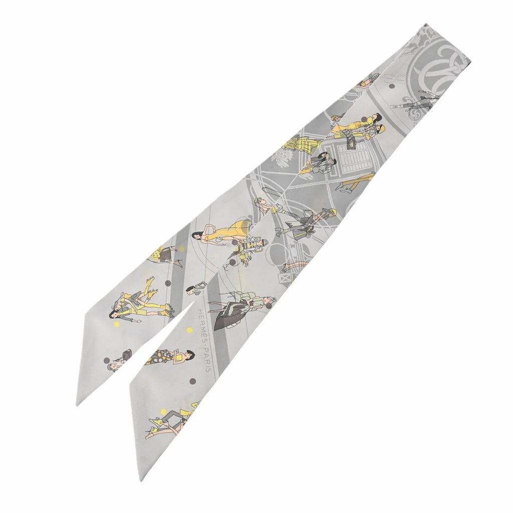 Pre-Owned EX-LIBRIS HERMES Silk Twilly 100% Women's Muffler Grey (Good) Scarf PARISIENNES LES