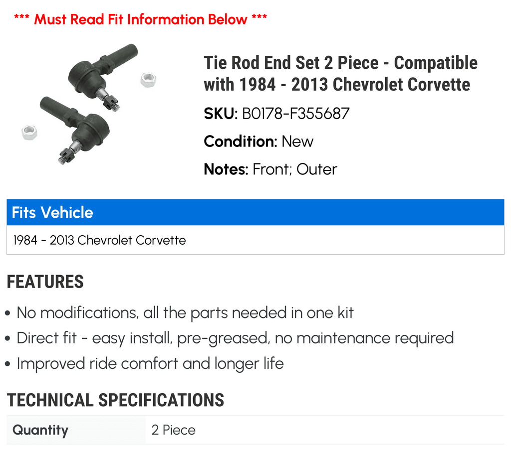 '- - 2013 1985 Rod 1988 2008 Corvette 2006 1993 1997 2000 Tie Compatible 1986 2005 1989 2003 1991 1996 with 1998 2007 2002 2 2009 Set End 1999 2001 1995 1984 2004 1990 Chevy Piece 1994 1987 1992