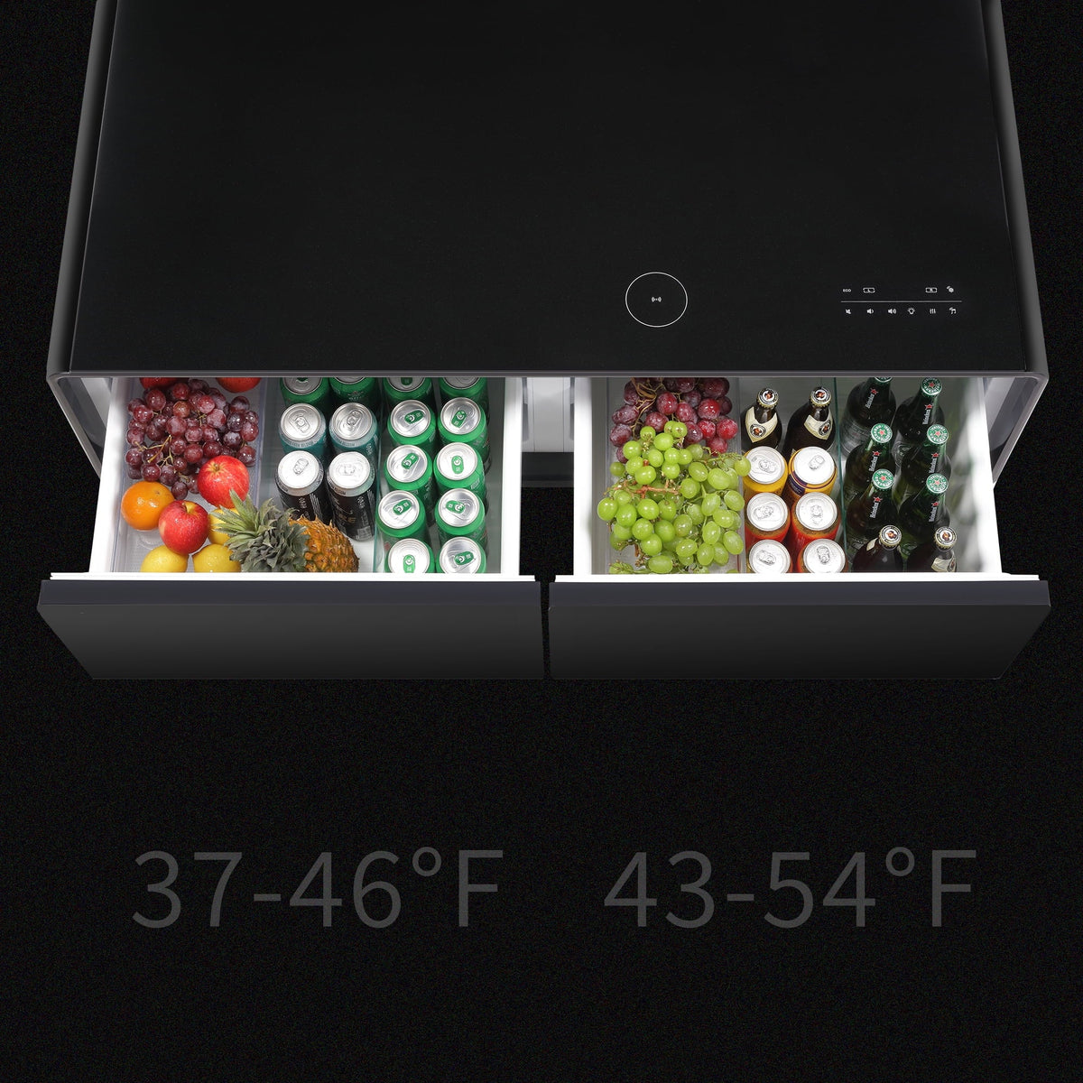 Atmosphere Fridge, Touch Interface, Charging Coffee light, Bluetooth Module, Smart Outlet Protection, Table Built-in with USB Control Panel, Speaker, Modern Socket, Wireless Power Black