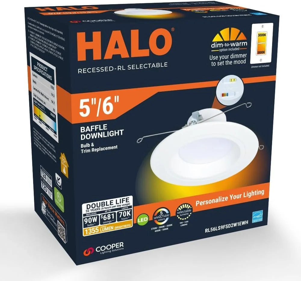 Baffle Matte Recessed Warm, CCT Selectable Lumens Retrofit to HALO 900/1200 Light Retrofit Downlight, Ceiling Dim Lumens, and RL Trim, Selectable LED Series Shower inch White & 5/6