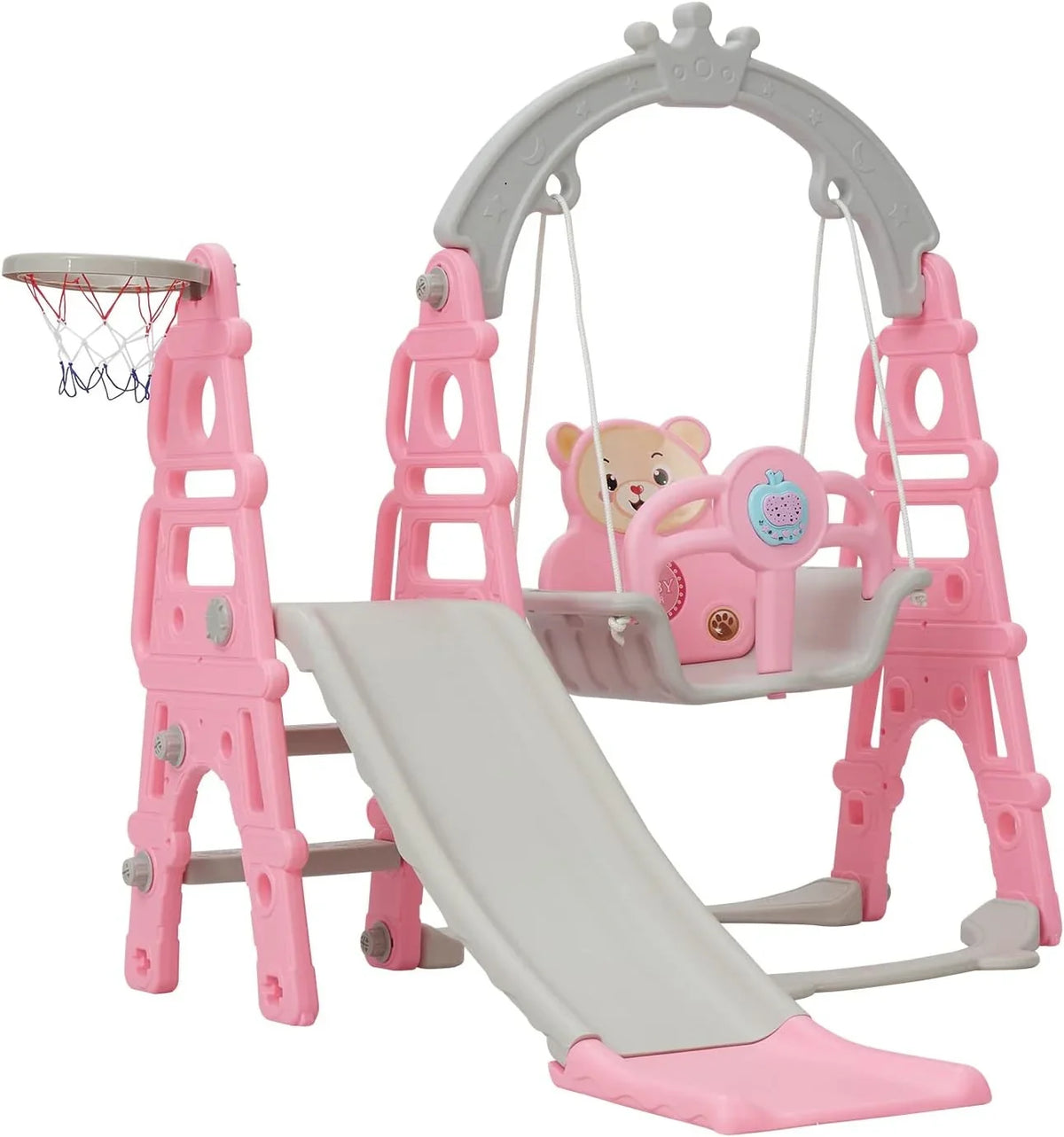 Slide Extra Swing Hoop, Slide with & Indoor exterior Baby Slide Climber in Set, Playground 1 Basketball Playset for & Climb Pink Toddler Long 5 Easy Kinbor Stairs,