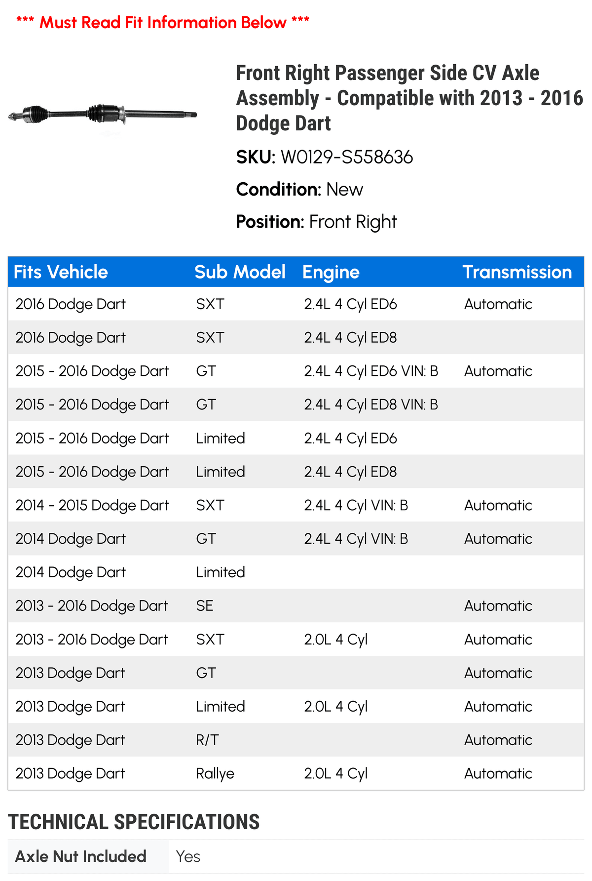 Dodge Front Axle with Assembly 2016 2013 2015 - Dart - Passenger Side 2014 Compatible Right CV