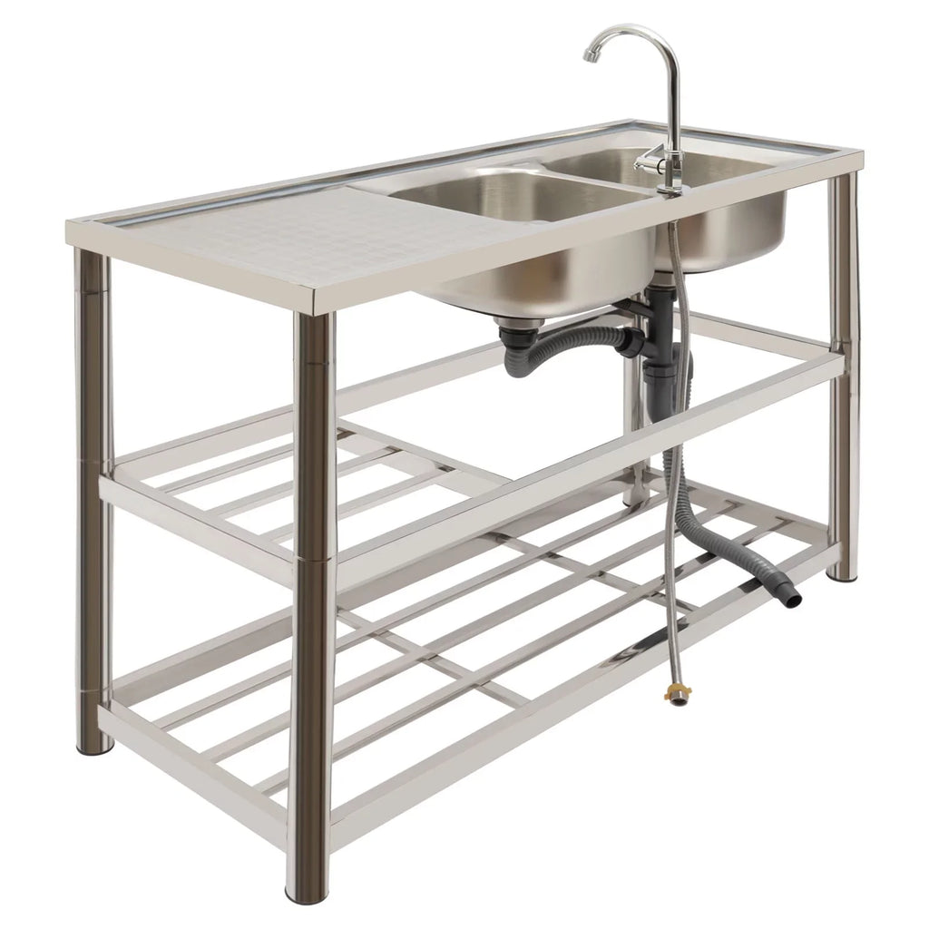 Sink Utility Aiqidi Sink Stainless Faucet+Drainpipe with Bowl & Kitchen Commercial Double Steel Prep Restaurant Basin Freestanding