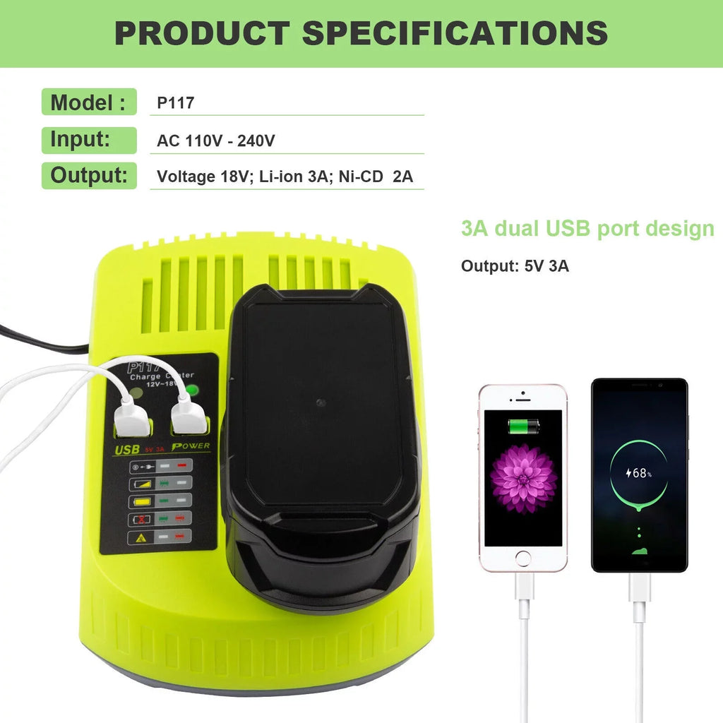P106 18Volt High Battery Charger Lithium-Ion US P108 For P117 Capacity RYOBI 18V