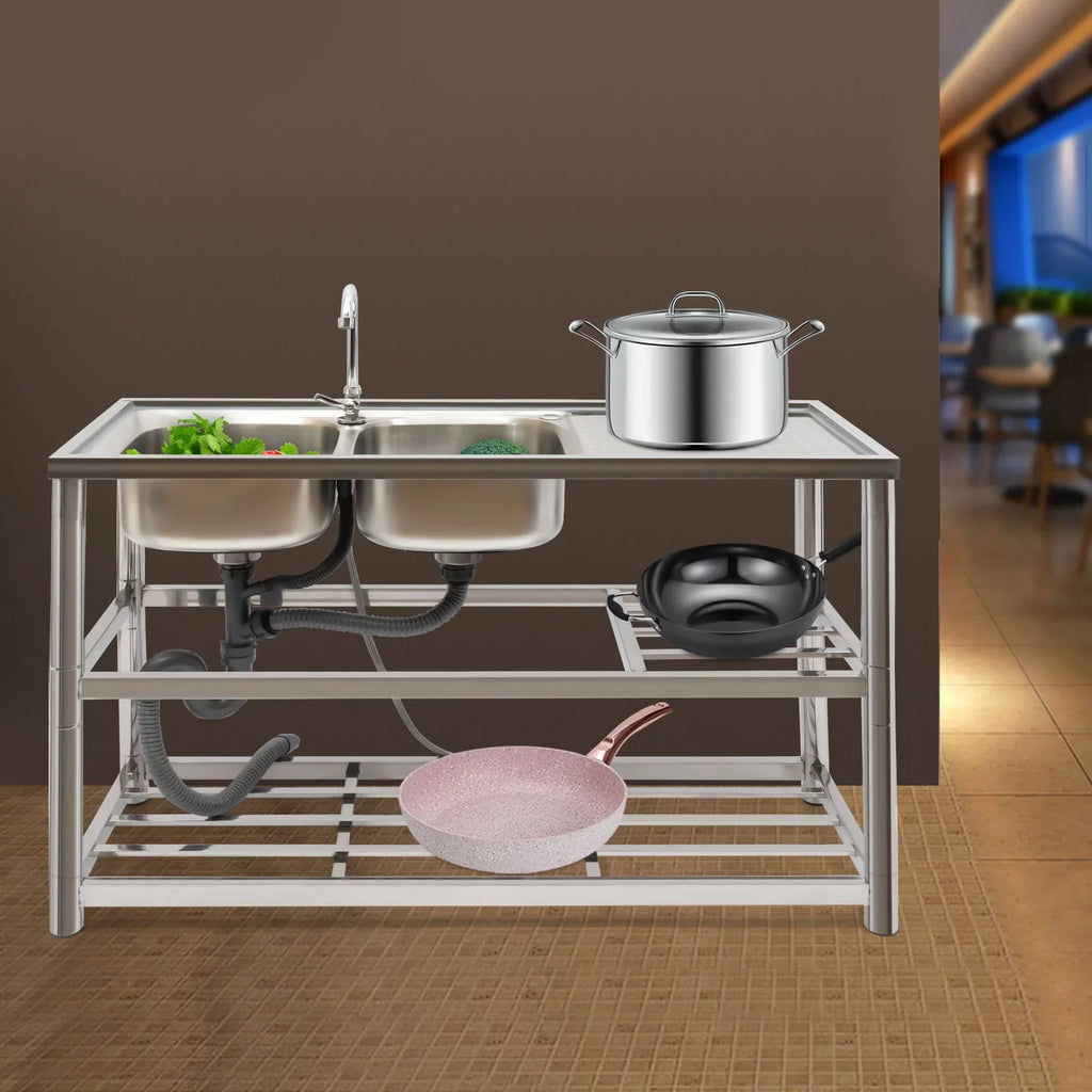 Sink Utility Aiqidi Sink Stainless Faucet+Drainpipe with Bowl & Kitchen Commercial Double Steel Prep Restaurant Basin Freestanding