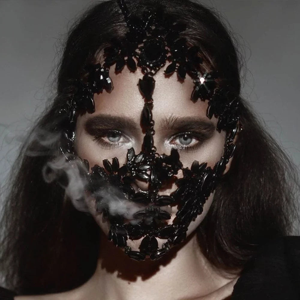 Mask Women Chain Face Full Crystal Face Masquerade Face Mask Face Jewelry Halloween Black Rhinestone Mask Accessories