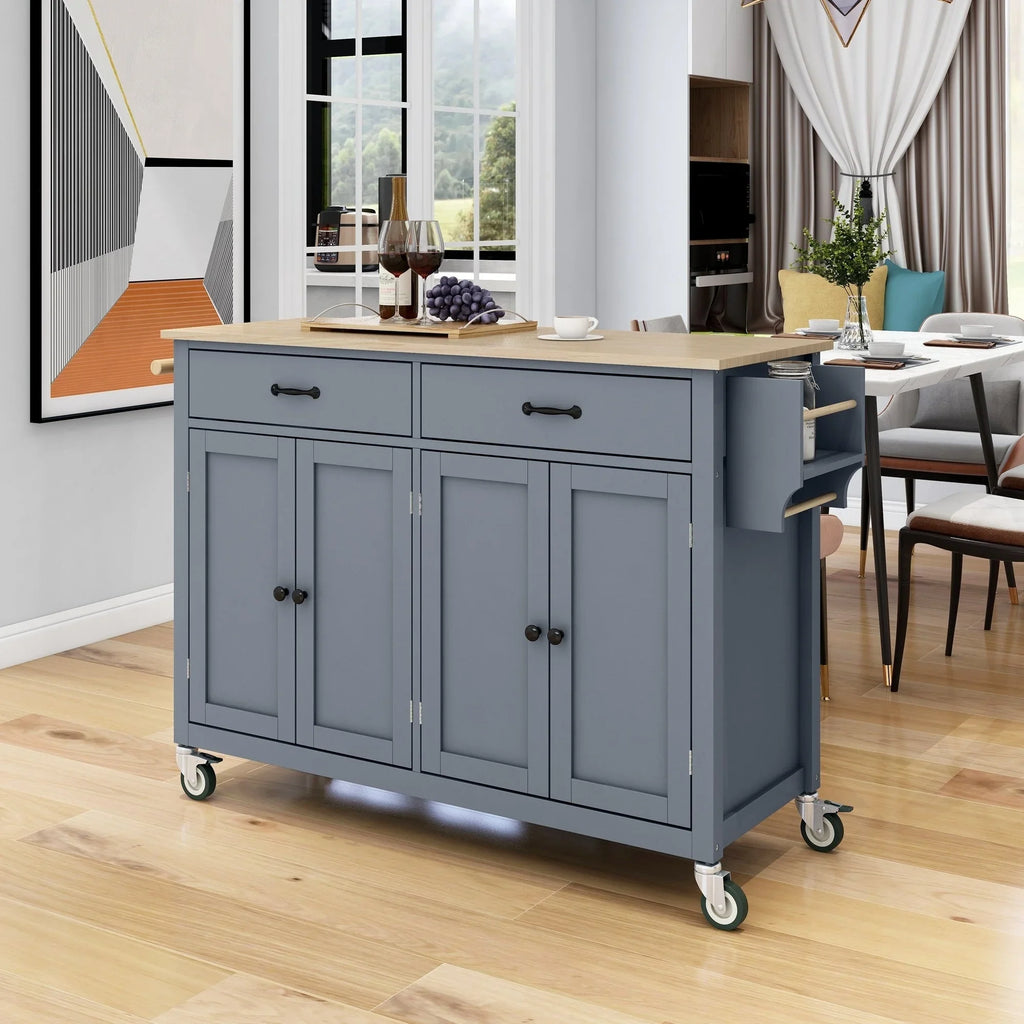 Locking - Wood with and Grey Wheels Top Kitchen Solid Blue Cart Island Granite