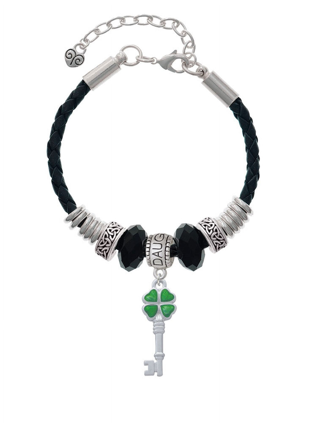 Knot Celtic Key Four Daughter Leather Jewelry Extender 7"+2" Clover Silvertone Bead Translucent Lucky Bracelet, Green Delight Leaf