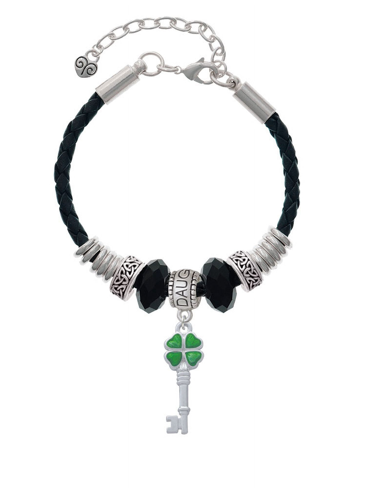 Knot Celtic Key Four Daughter Leather Jewelry Extender 7"+2" Clover Silvertone Bead Translucent Lucky Bracelet, Green Delight Leaf