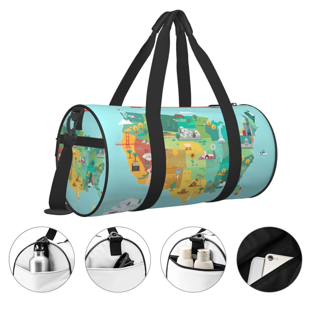 Coaee Bag Compartment Bag Travel Gym with Pocket and Waterproof Bag Tourist Sports USA Map Cylinder Luggage Capacity Large