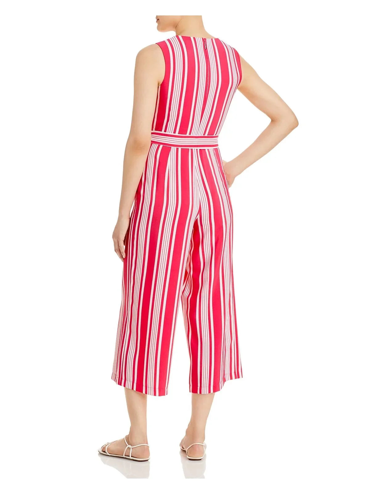Pink KARL Wear 2 Pocketed Surplice Leg Self Tie Sash Jumpsuit Work Zippered Womens Sleeveless To Neckline Wide Striped LAGERFELD