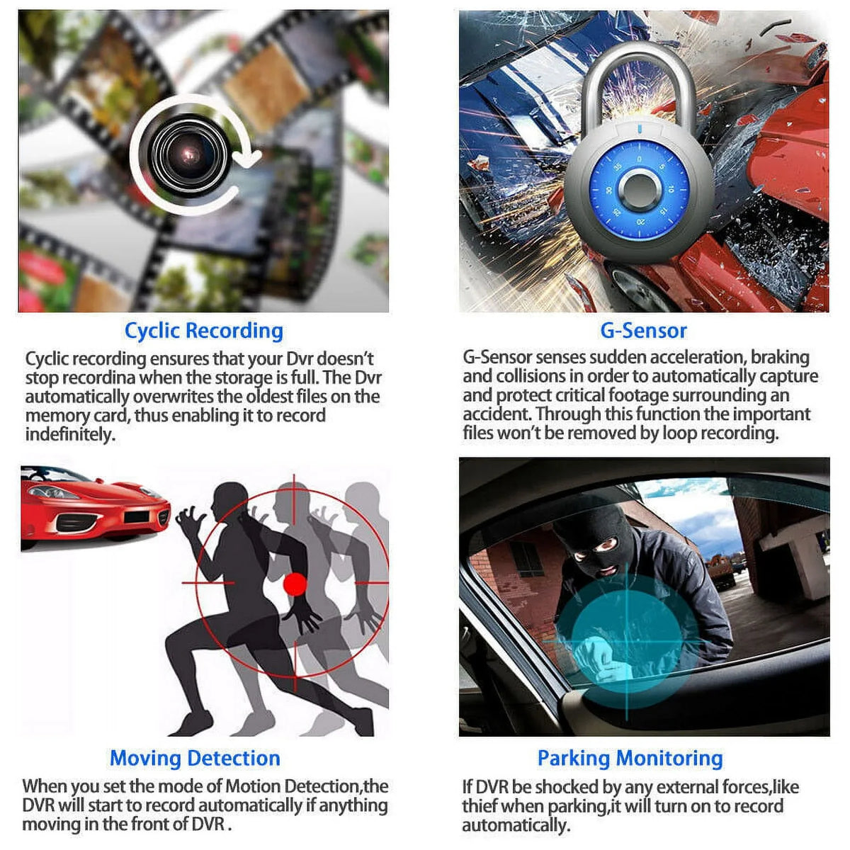 Front/Rear/Built-In Driving Video Xhy 1080P DVR and 4" Cam G-Sensor, Camera Motion Parking Car Monitoring Dash HD Recorder Dual Lens Detection