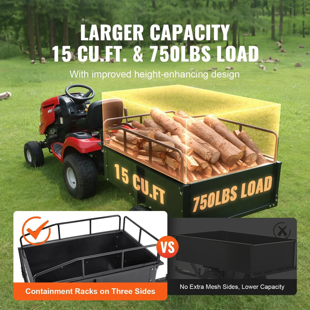 750lb 15 for with ATV Utility Mower Capacity, Cart Feet VEVOR Duty Riding Heavy Lawn Trailer Cubic Dump Trailer, Tractor Garden Steel