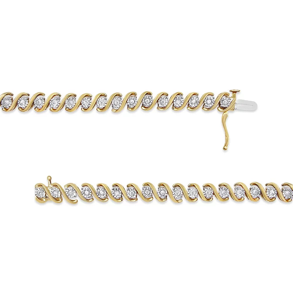 14K Diamond Plated 7" S-Curve Bracelet Gold 1/2 (I-J I3 Silver Miracle-Set Color, Clarity) Cttw Round - Yellow Tennis Sterling .925