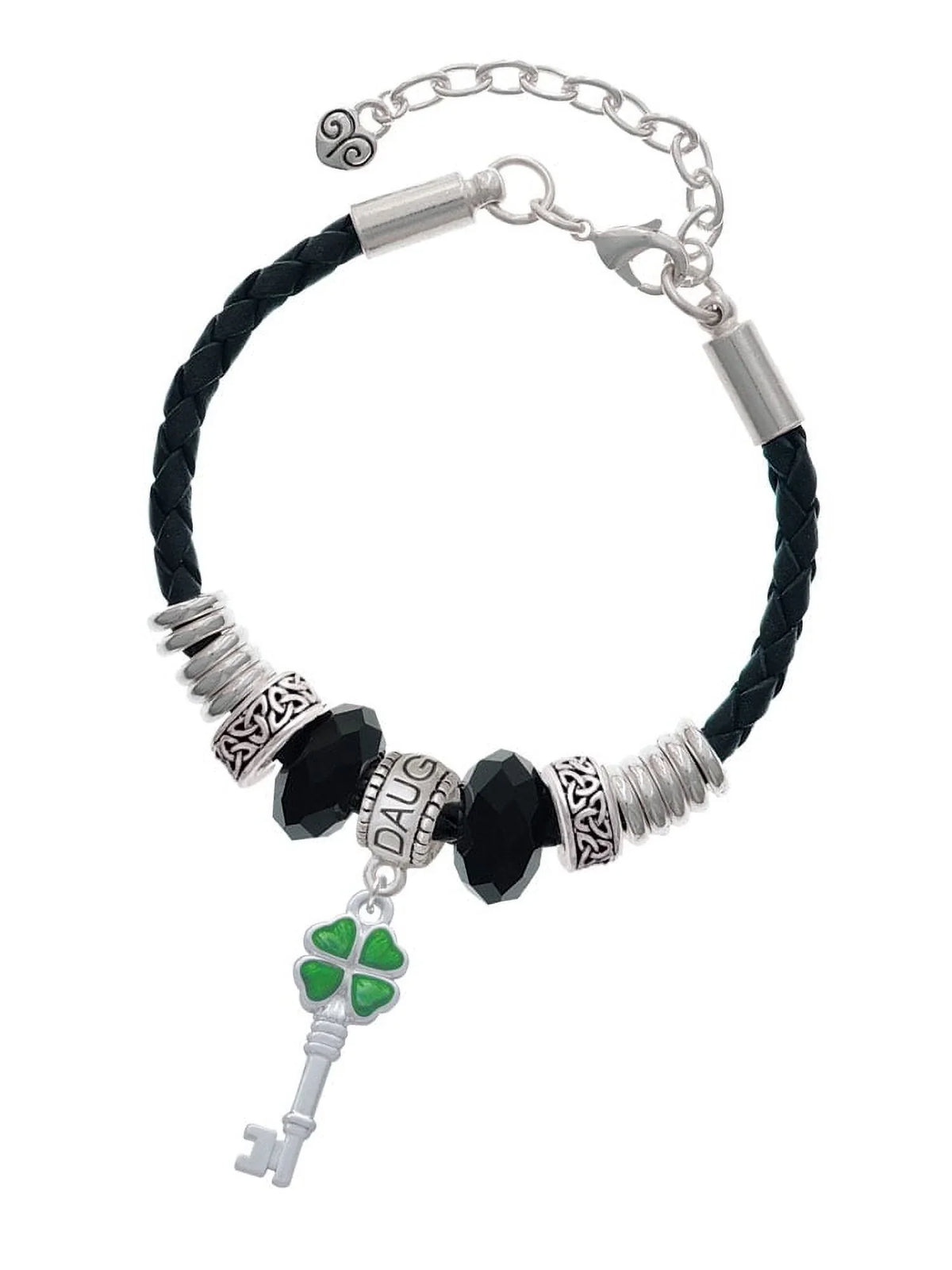 Knot Celtic Key Four Daughter Leather Jewelry Extender 7"+2" Clover Silvertone Bead Translucent Lucky Bracelet, Green Delight Leaf