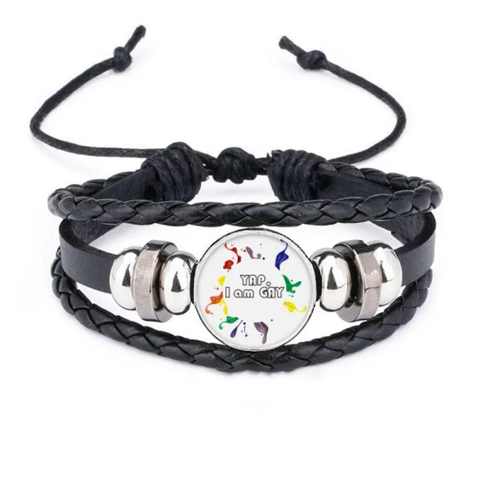 Men Bracelet Wristband I Yap Braided Leather LGBT Rope Woven Flag Am Rainbow