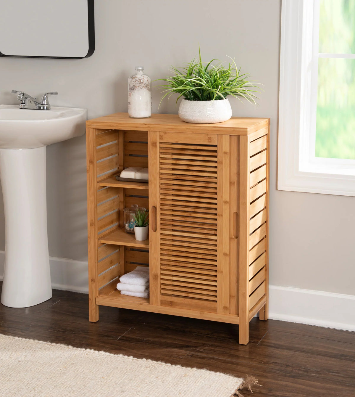 3 Floor Shelf Door 2 Bathroom Storage Bamboo Bracken Cabinet, Linon