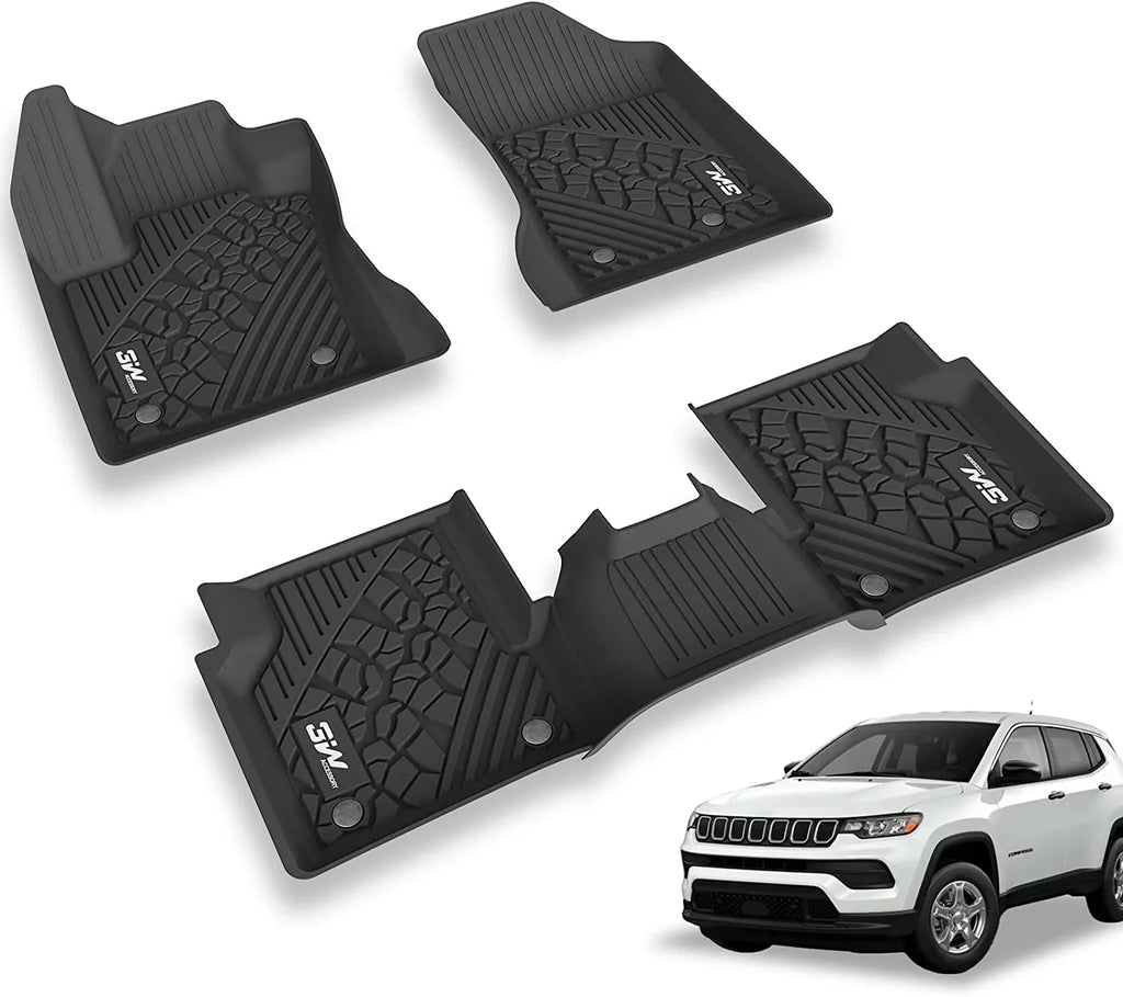 Odorless Floor 2017-2023 Body Mats 2 with (New Liner Jeep Floor Compass Front seat design Rear TPE Full Set climate and Rows 3W All Black for Only),