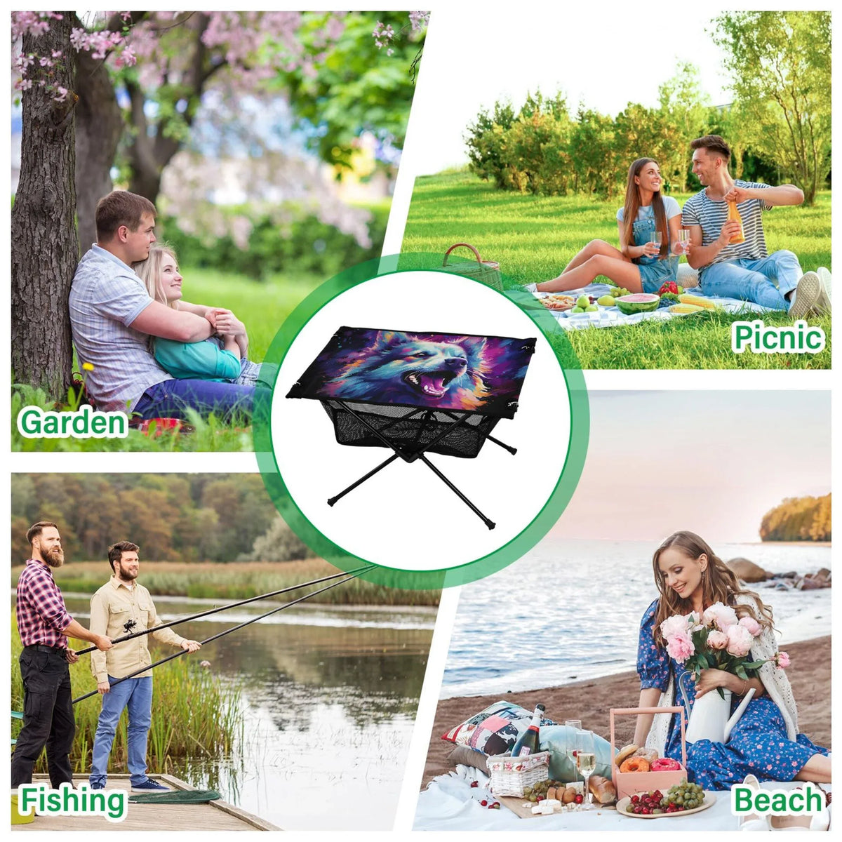 Table Cool Picnic Beach with Compact Hiking Fishing Portable Foldable Abstract Wolf for Table exterior BBQ Storage Table Camping Bag