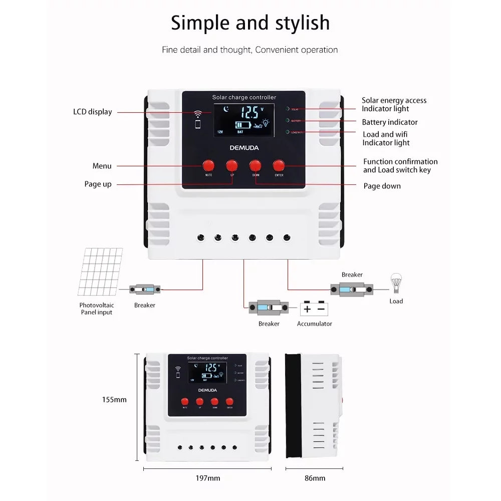 Iron Data Charger Lixada Solar Controller 12V/24V with for Ternary App Batteries Mobile LED Display Leadacid Intelligent Real-time PWM