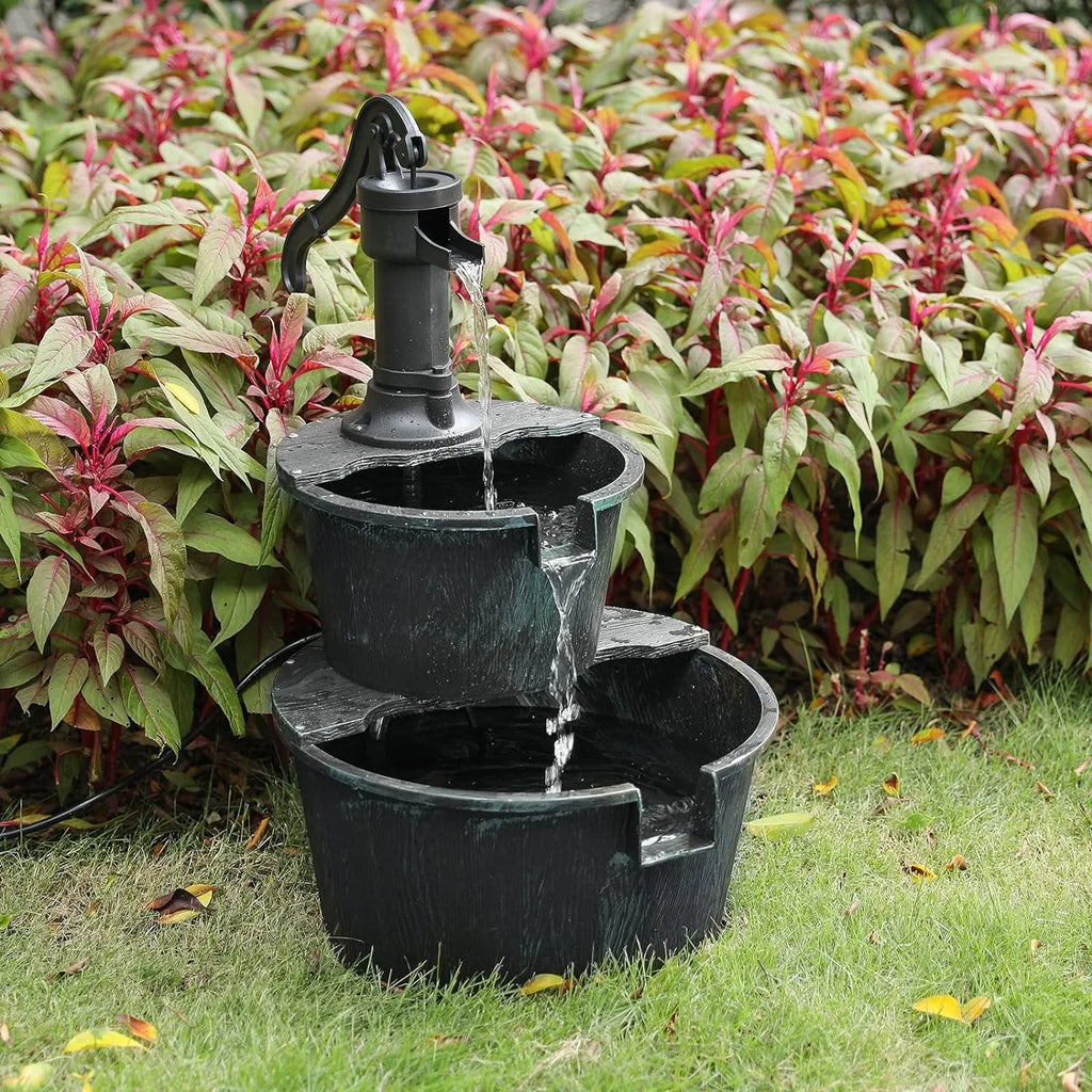 Rustic Waterfall Decor, Pump Backyard With liquid Fountain 2-Tier For Cascading Teal Patio Freestanding Blue Electric exterior Garden Fountain Porch