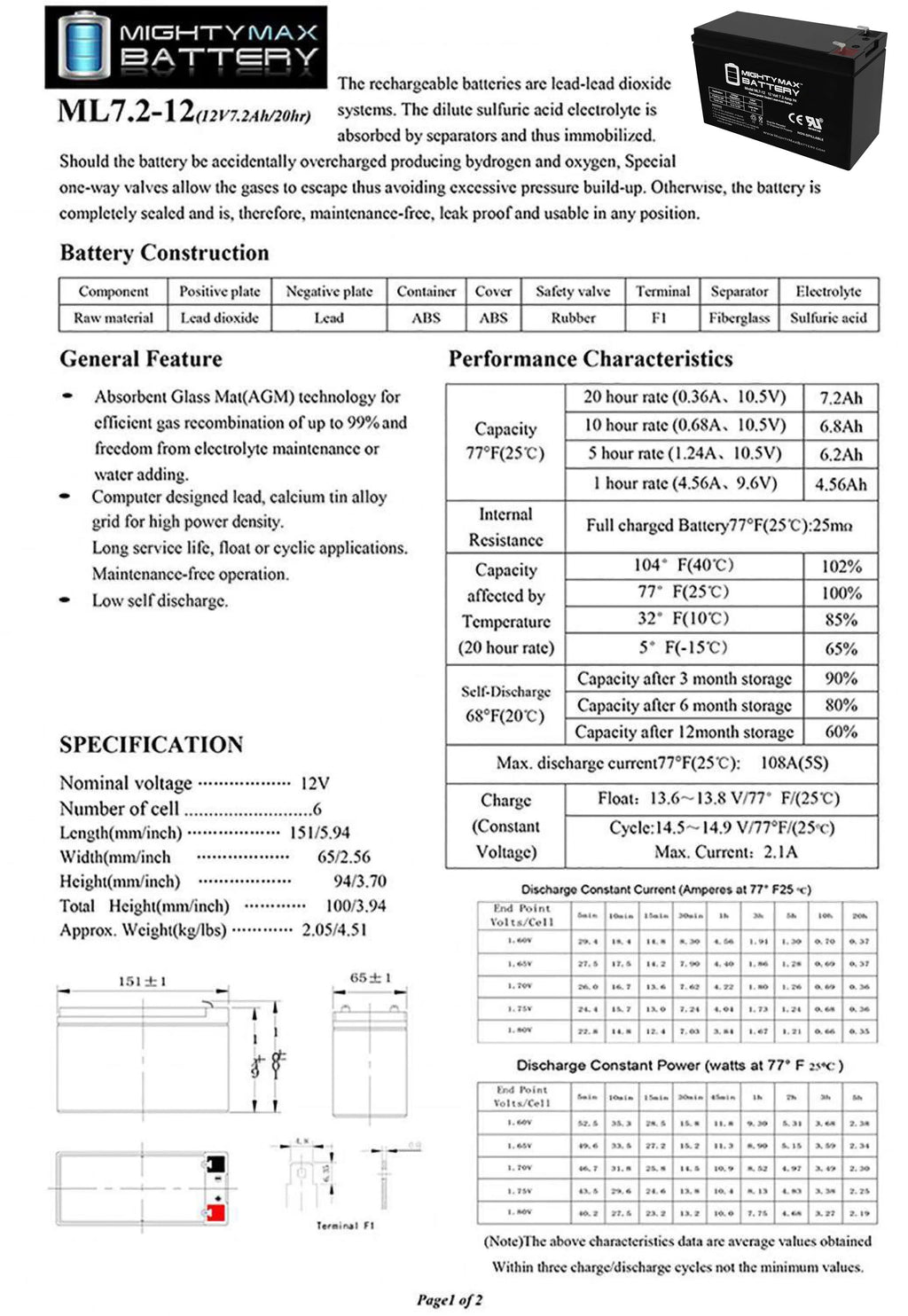ZS06 SLA Pack 12V - GP1272 Battery Replaces 7.2AH Sea-Doo 6 EVX1272F2