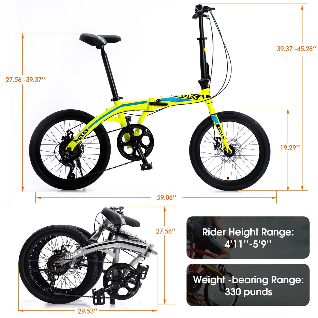 Bike, Aluminium Yellow 20" Alloy Frame, Speed Folding City Bike, 8