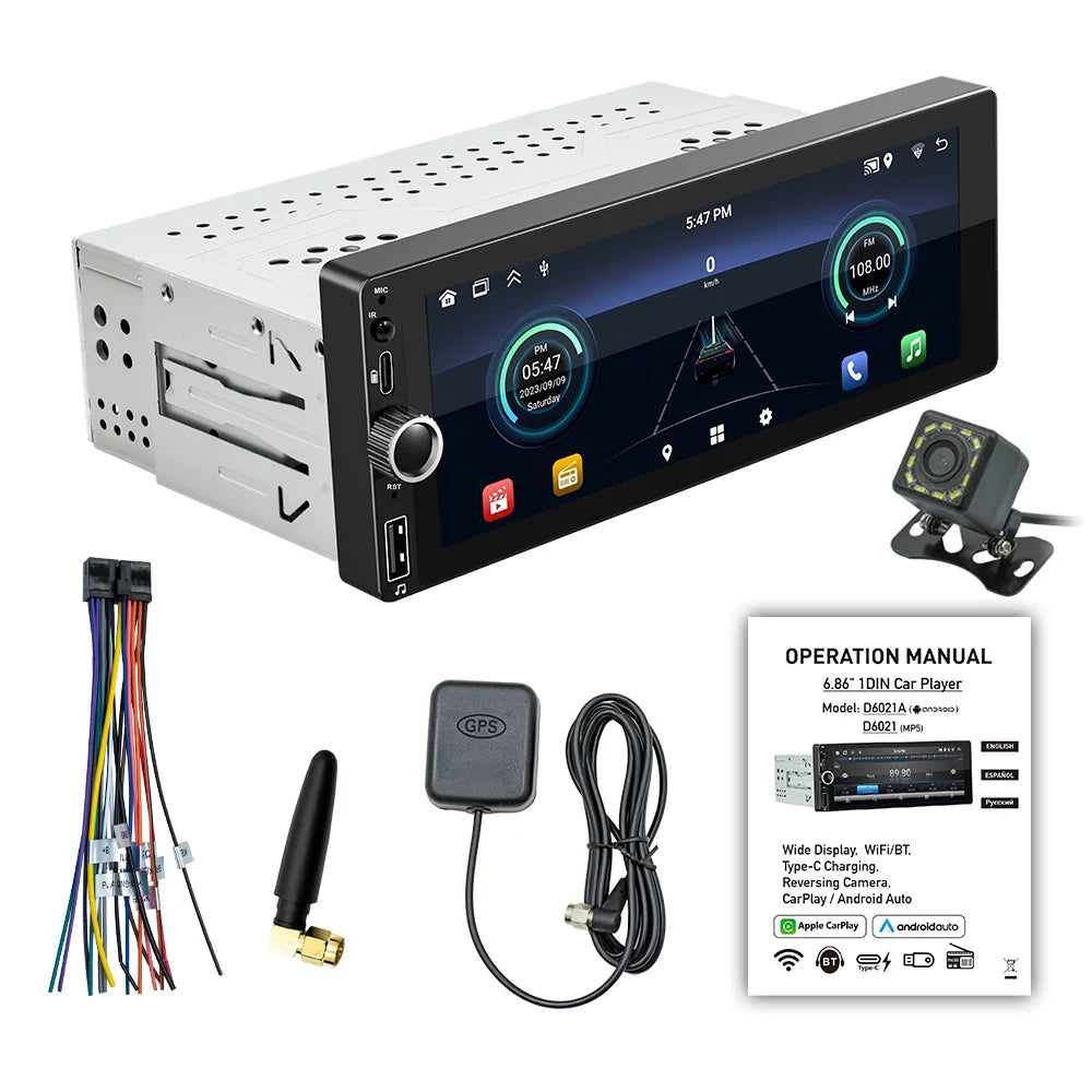 Reverse Inch - Single-Din Navigation Touchscreen, Image, Wheel Car Phone Radio, Auto Link, Control Android with GPS RDS Steering Support, Stereo Android Mirror 6.86 and Connection, WiFi/BT 13