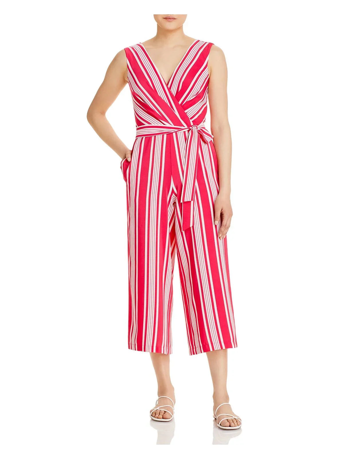 Pink KARL Wear 2 Pocketed Surplice Leg Self Tie Sash Jumpsuit Work Zippered Womens Sleeveless To Neckline Wide Striped LAGERFELD