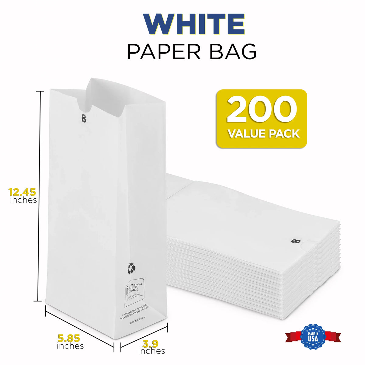 Lunch x White 6.13 Shopping Durable Bags 8 12.44 Sack Paper x Barrel 4.13" Grocery Retail Pack] [200 LB