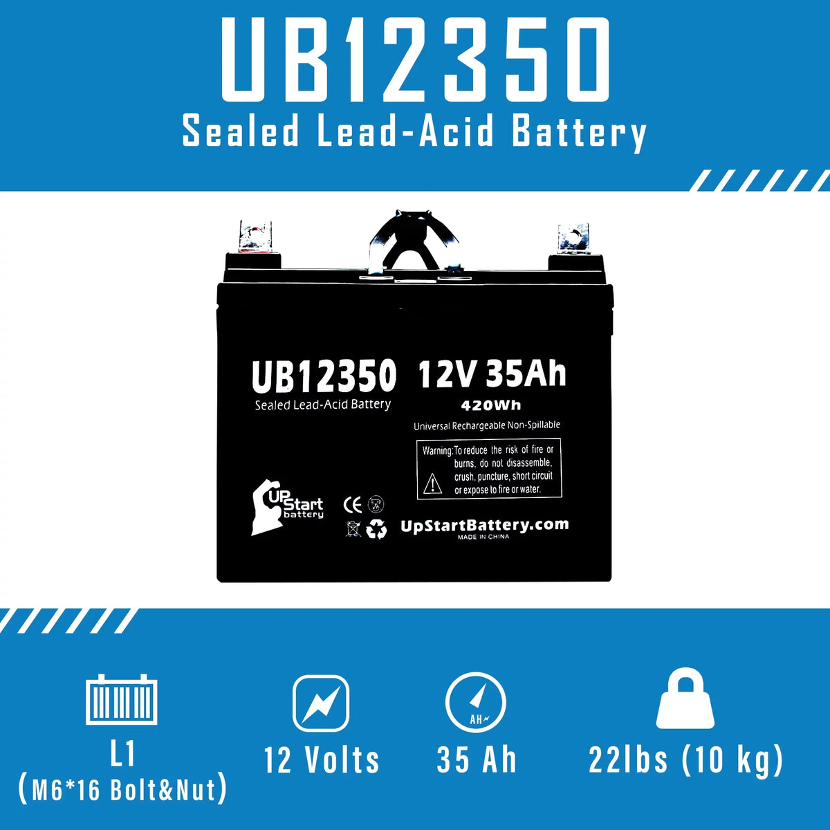 Topaz Replacement AGM, (12V, Compatible SLA) UB12350 35Ah, 35000mAh, Lead L1 850 Battery Sealed Acid - - Battery Pack 5x Terminal, Universal
