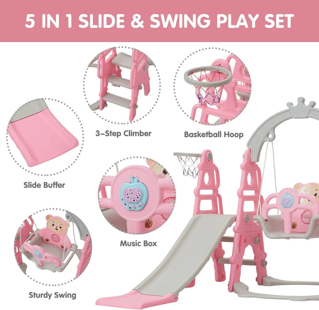 Slide Extra Swing Hoop, Slide with & Indoor exterior Baby Slide Climber in Set, Playground 1 Basketball Playset for & Climb Pink Toddler Long 5 Easy Kinbor Stairs,